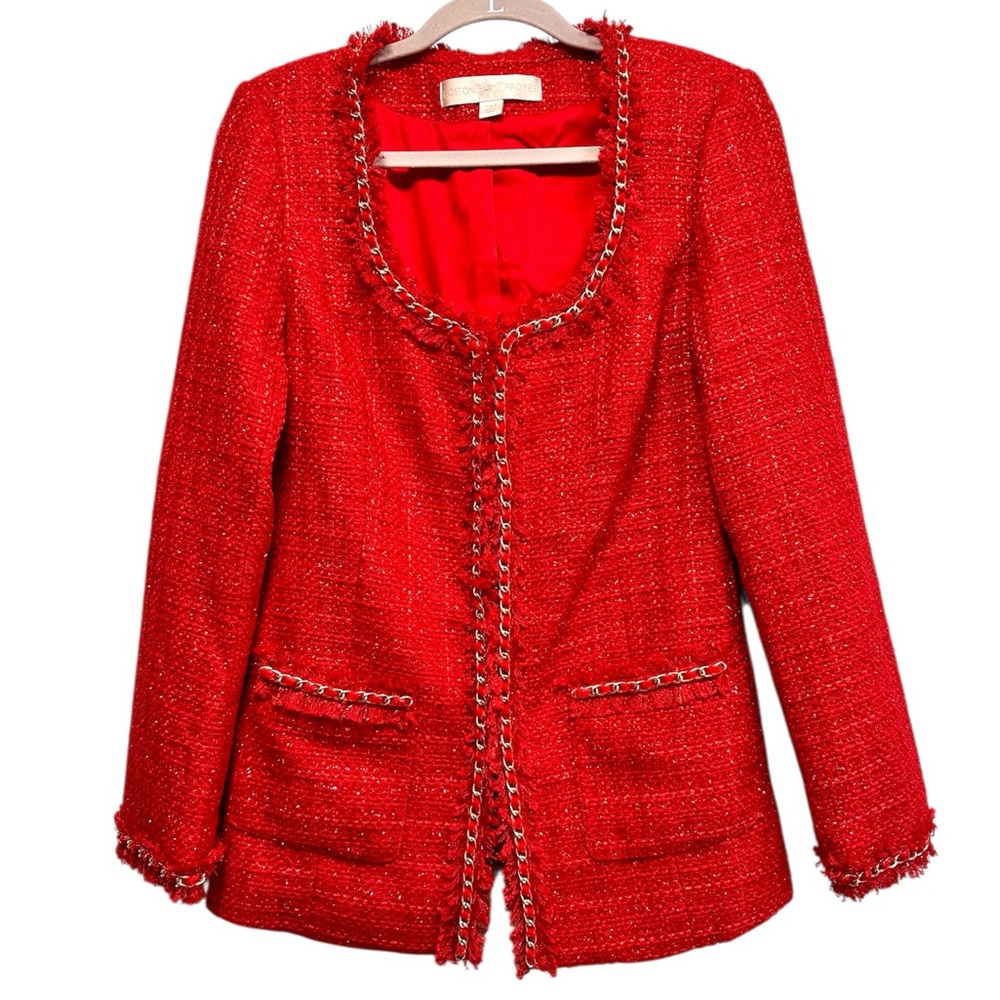 Boston Proper Gabrielle Heartthrob red & gold Fringe Tweed Jacket Blazer, size 8